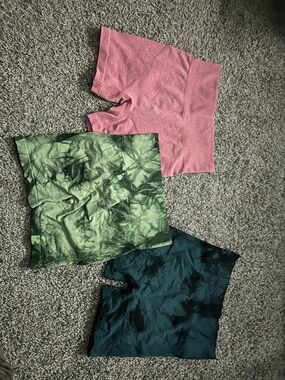Set of 3 Seamless Biker Shorts — Pink, Olive Tie-Dye, Teal Tie-Dye